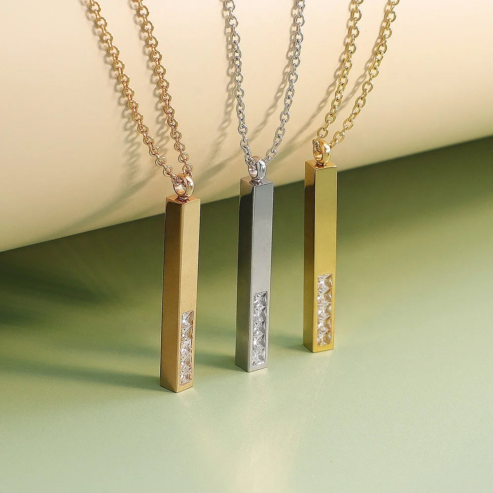 Customized Stainless Steel Bar Pendant Necklace 3 Colors Trendy Link Chain Style with Small Diamonds Manufacture Price