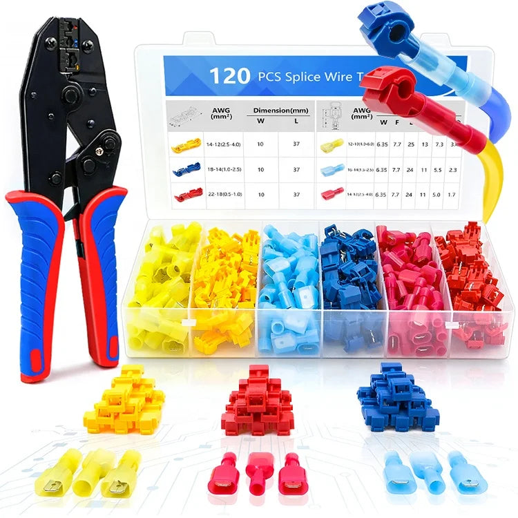 120PCS 22-10AWG T-Tap Self-stripping Spade Splice Clip Cable Wire Terminal Kit HS30J Crimper Connector Crimping Pliers Tool Set