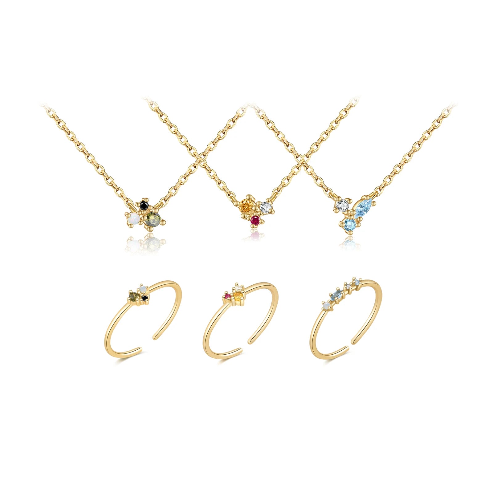 FUAMAY Fashion 18K Gold Plated Sterling Silver Color Zircon Ring Necklace Classic Silver Trio Zircon Necklace Ring Set for Women
