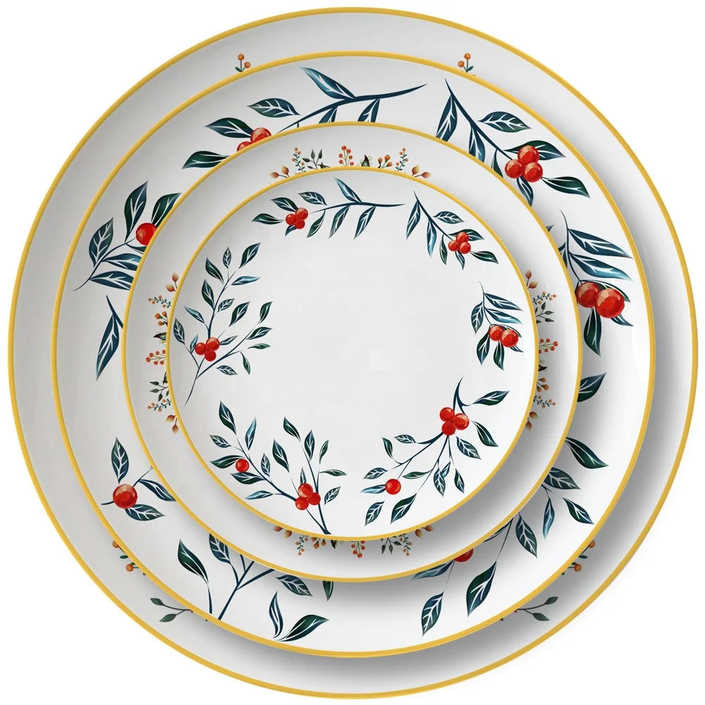 Luxury White Bone China Dinner Dishes Flower Rim Decal Color Enamel for Wedding Hotels Restaurants Ceramic