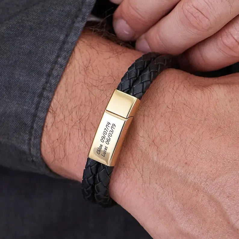 Personalized Engraved Mens Bracelet Gold Stainless Steel Black Leather Custom Men Birthday Fathers Day Gift