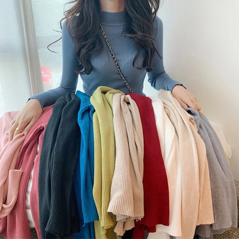 Custom Logo Design Casual Long Sleeve Turtleneck Ribbed Knit Jumper High Neck Women's Knitted Pullover Sweater for Autumn/Winter