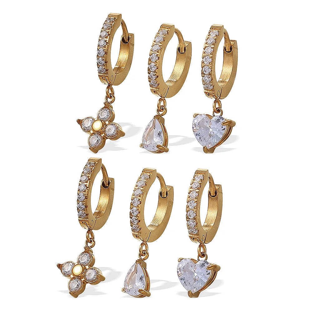 New  Stainless Steel Gold Plated Zircon Hoop Dangle Earrings Set for Women Girls Heart Drop Flower Jewelry Gift Party Accessory