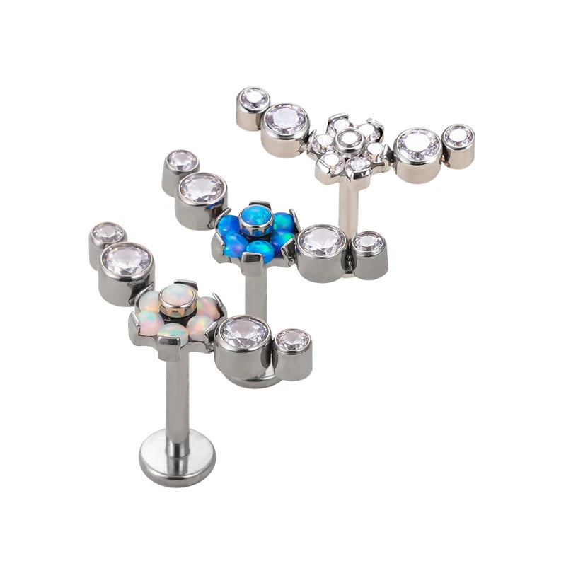 GZN Titanium Body Piercing Jewelry Internal Threaded &Push in Bezel Set 4-CZ Stone Cluster With Flower Center Top Labret Ring