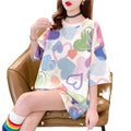 Women's Summer Fashion Long Style T-Shirt Loose Breathable Short Sleeve Sleep Tops 3D Rainbow Knitted Fabric Cartoon Print