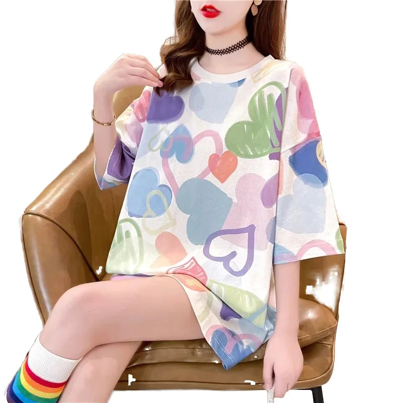 Women's Summer Fashion Long Style T-Shirt Loose Breathable Short Sleeve Sleep Tops 3D Rainbow Knitted Fabric Cartoon Print
