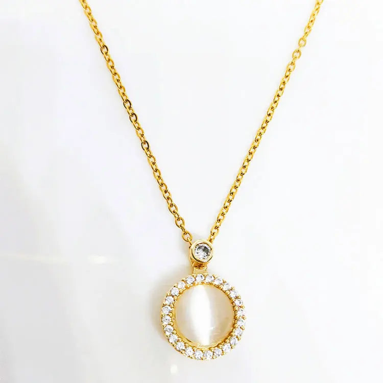 SC Fashion Inlaid Zircon Round Circle Pendant Necklace TikTok Personalized 18K Gold Rotatable Moonstone Opal Necklace for Women