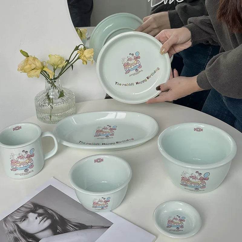 Korea Ins Cake Rabbit Tableware Creative High Value Light Blue Ceramic Tableware
