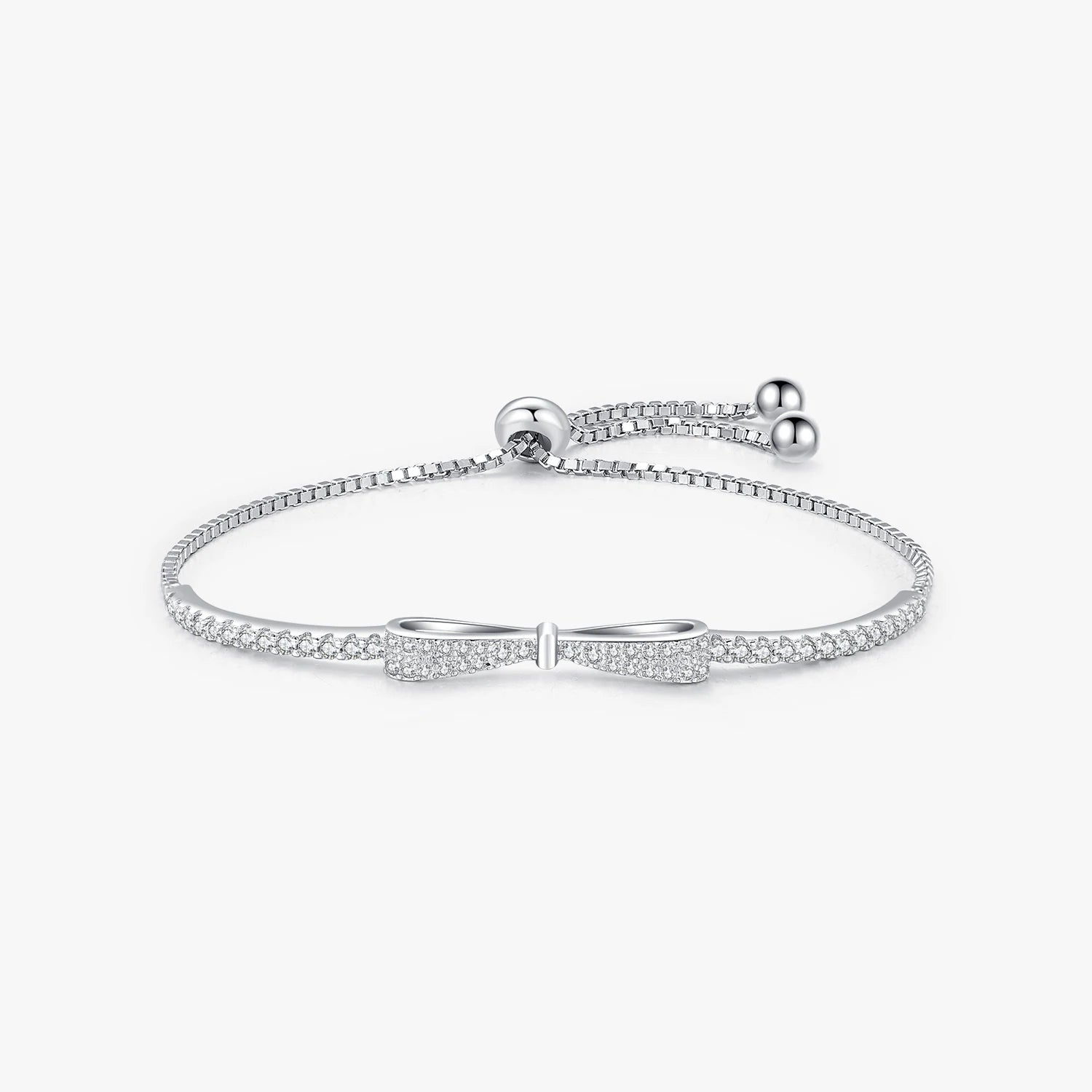 Luxury Charm Adjustable Boxes Chain for Women Fine Jewelry 925 Sterling Silver Sparkling Zirconia Bowknot Bangle Bracelet