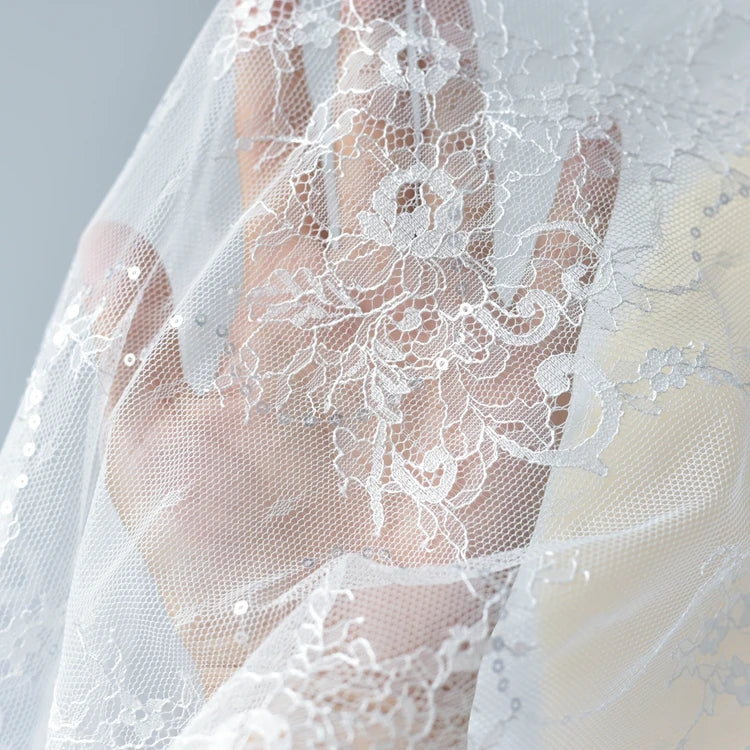 Romantic Bridal Wedding Veil Dress French Sequins Hollow Lace Fabric