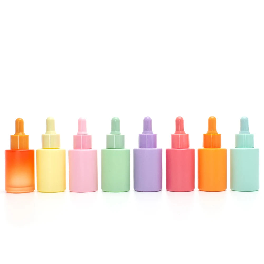 30ml Flat Shoulder Cosmetic Serum Bottle 1oz Macaron Color Pink Amber Clear Frosted Essential Oil Dropper Bottle for Skin