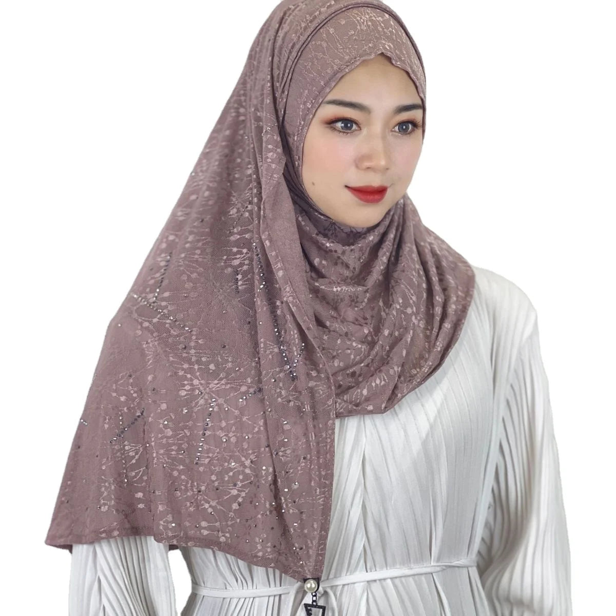 Beautiful Turban Premium Chiffon Cotton Geometric Design Malaysian Muslim Hijab Robe for Women