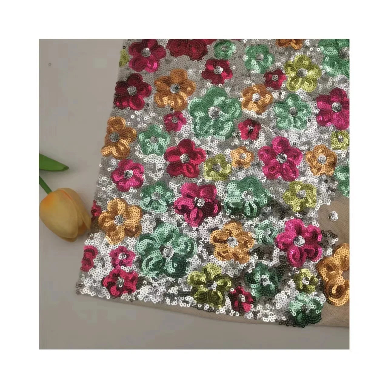 2024 New Fashion Design Pattern 95%Polyester 5%Spandex Knitted Heavy Weight Colorful Sequin Embroidery Fabric for Dress