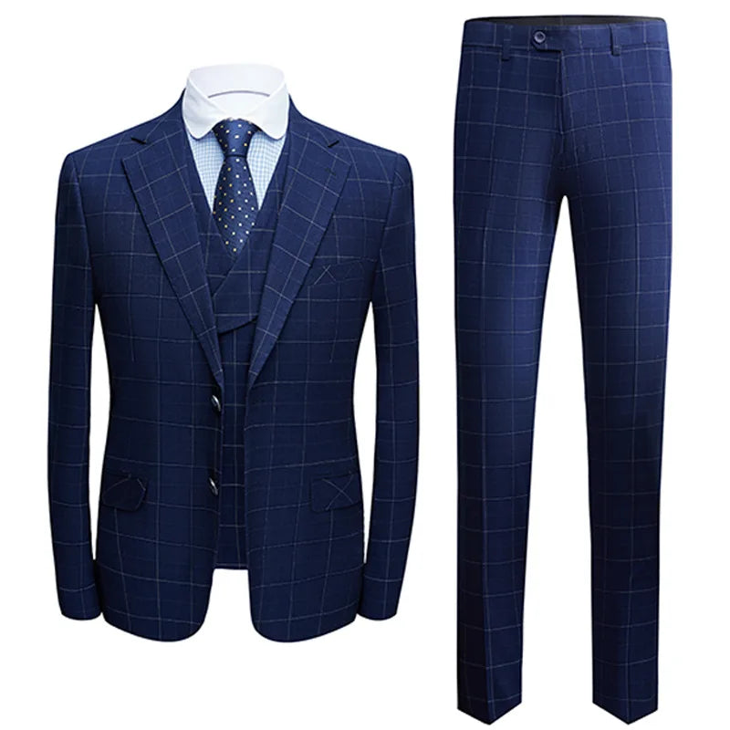 In stock Men singer party suits 3 Pieces Business Formal Plaid Blue Single Breasted Man Suit stage magic show costumes
