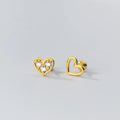 925 Sterling Silver Asymmetric Hollowed love Heart Zircon Thread Gold Plated Stud Earrings for Women