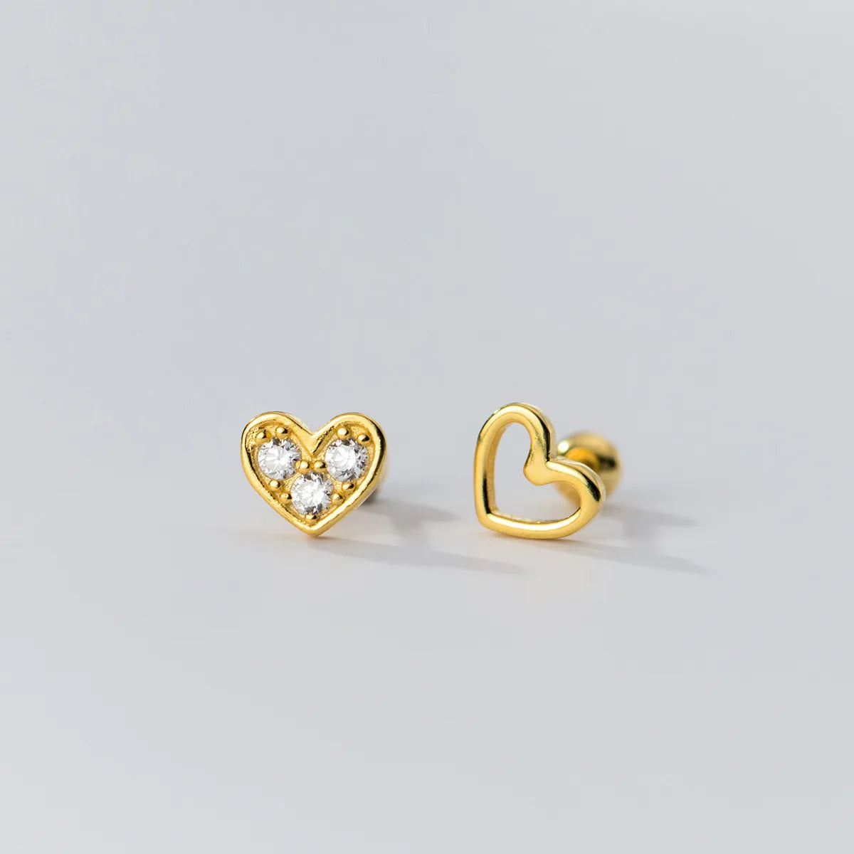 925 Sterling Silver Asymmetric Hollowed love Heart Zircon Thread Gold Plated Stud Earrings for Women