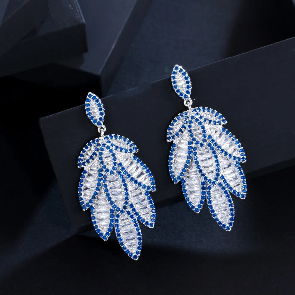 Dazzling 5A Cubic Zirconia Earrings Women Plant Tropical Leaf Drop Earrings Silver Plated Long Dangle Jewelry for Wedding Party