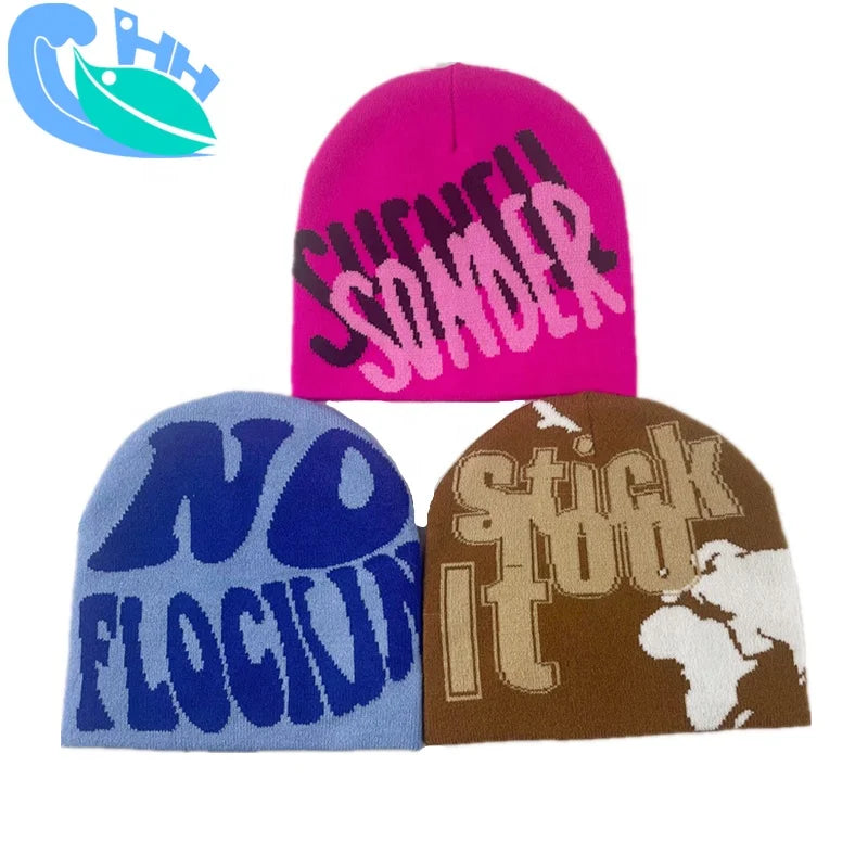 Stock Winter Unisex Beanie for Adults Crochet Jacquard Logo Knitted Hat Digital Printing Cartoon Character Patterns Beach Bows