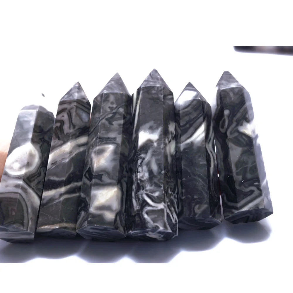 Factory Price Wholesale Natural Black White Crystal Gemstones Hexagonal Carved Healing Crystals Tower