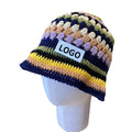 Custom Logo Japanese Handmade Crochet Fisherman Cap for Women Contrast Color Rainbow Striped Bucket Hat for Casual Outdoor Party