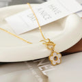 Trendy Gold Plated Hollow Toggle Clasp Stainless Steel White Shell Flower Pendant Necklace Jewelry for Women Girls