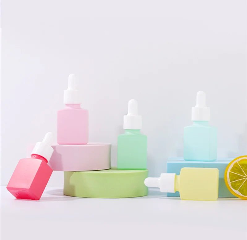 Ready Goods Colorful Matte square Shape Empty Essential Oil Skincare Serum Packaging 15ml Glass Dropper Bottles