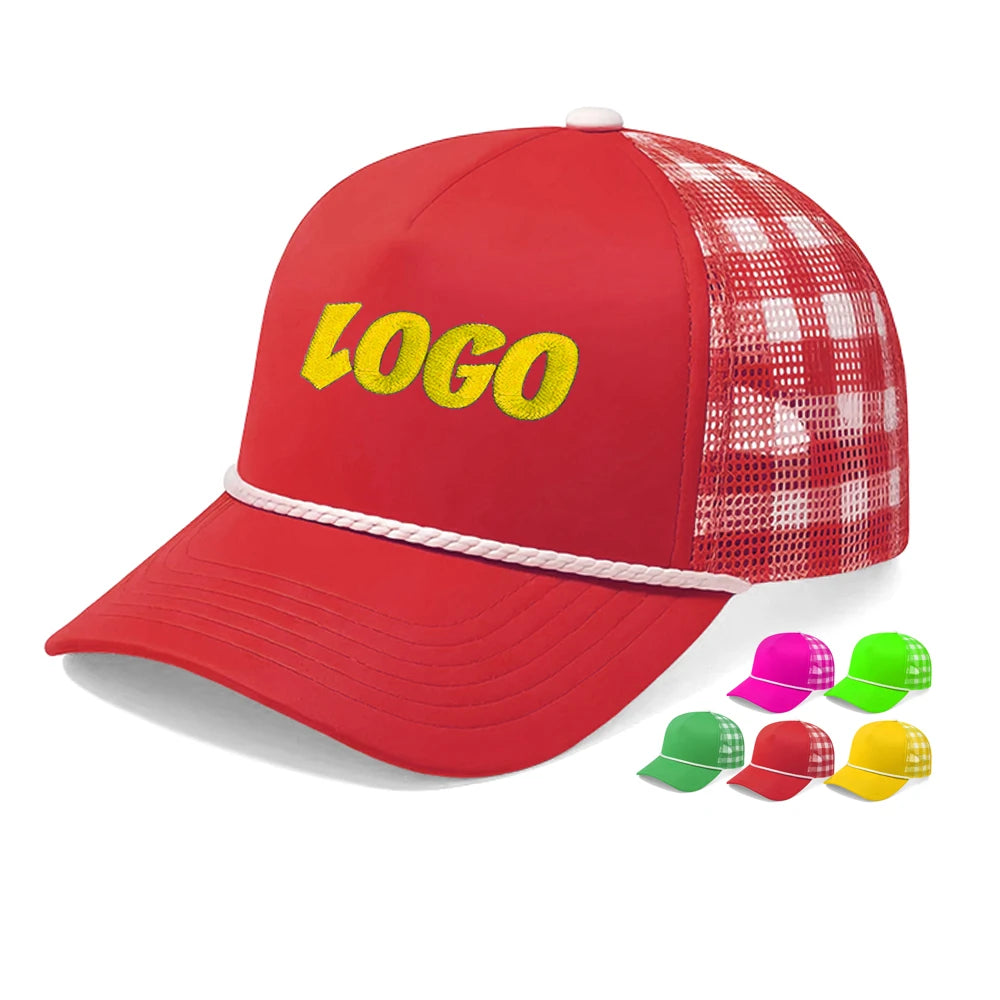 Wholesale Trendy Sports Mid Crown 5-Panel Cotton Fabric Unisex Mesh Custom Logo Outdoor Checkered Plaid Trucker Cap