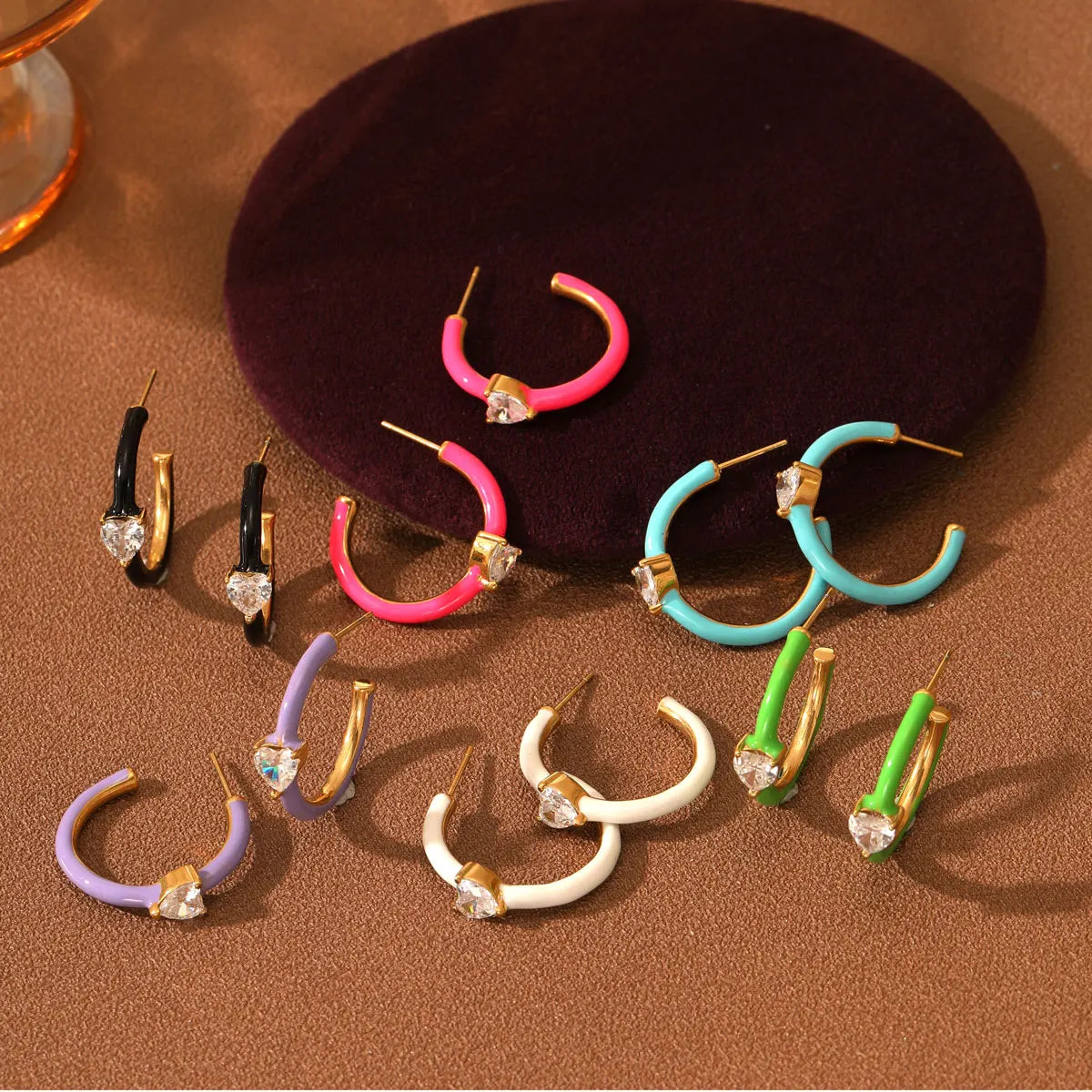 Hot Selling Colorful Oil Drop C Shape Zircon Hoop Earrings Enamel Stainless Steel Waterproof Stud Earrings for Women