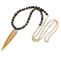 Bolo Long Matte Black Onyx and Gold Accents with Cz Chain Wrap Necklace with 18k Gold Plated Paved Bone Arrow Spike Pendant