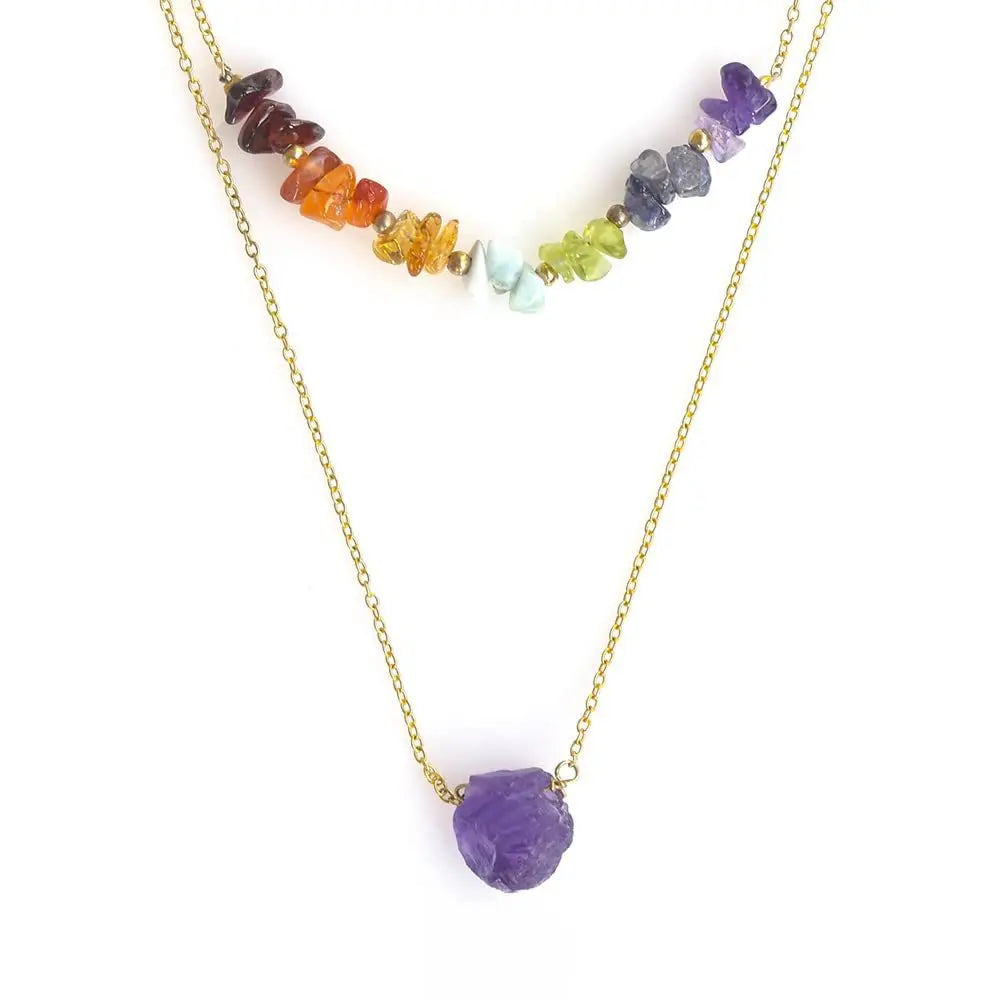 Colorful Double Layer Natural Crystals Gravel Stone Pendant Necklace Trendy Healing Amethyst for Christians for Parties