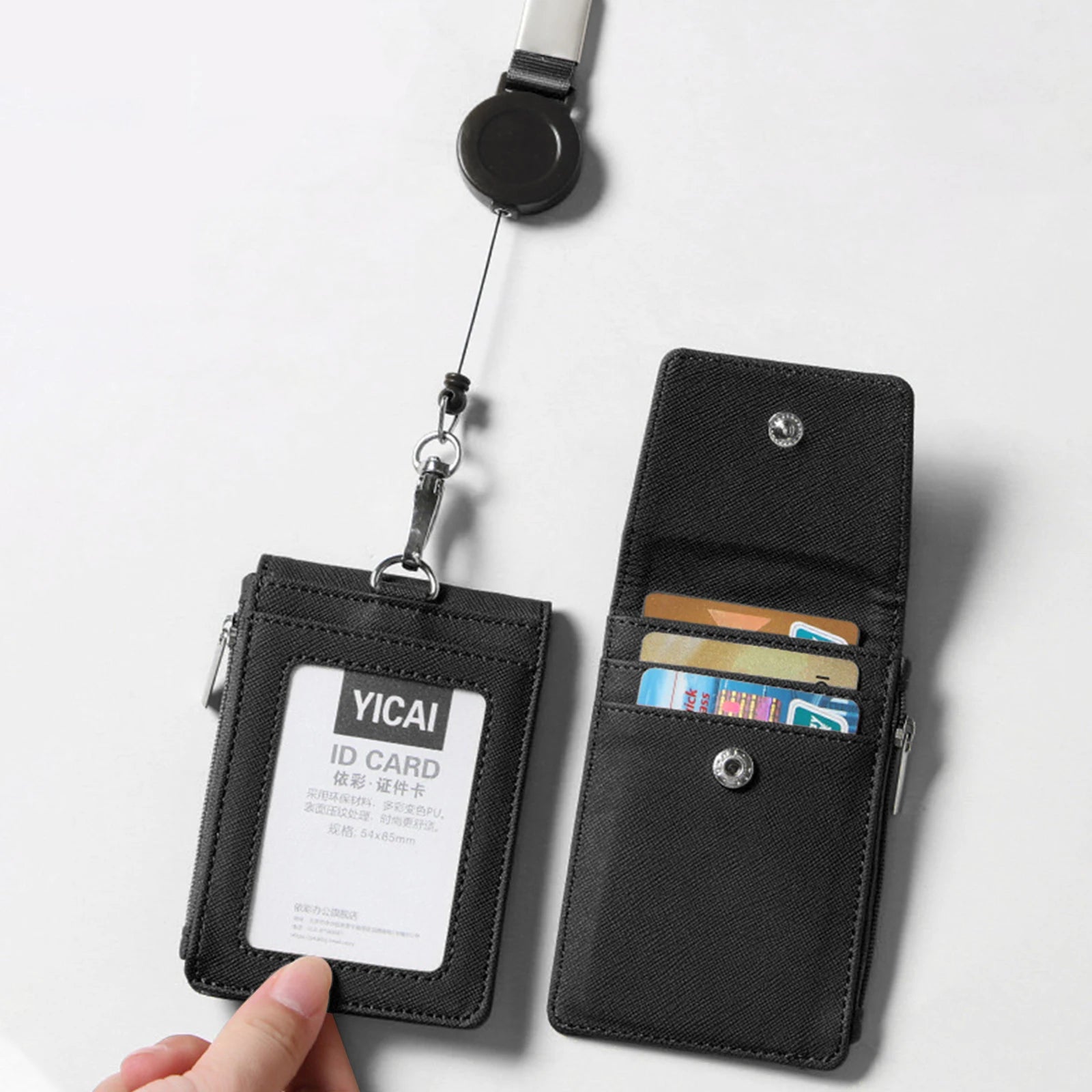 Leather ID Badge Holder Credit Card Holder Office Work Name Badge Holder Wallet with ID Window and Lanyard