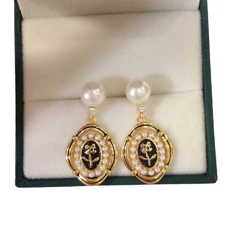 Freshwater Pearl Black Rose Design Earrings Stud 18K Gold Plated CZ Geometric Natural Pearl Earrings Stud Jewelry