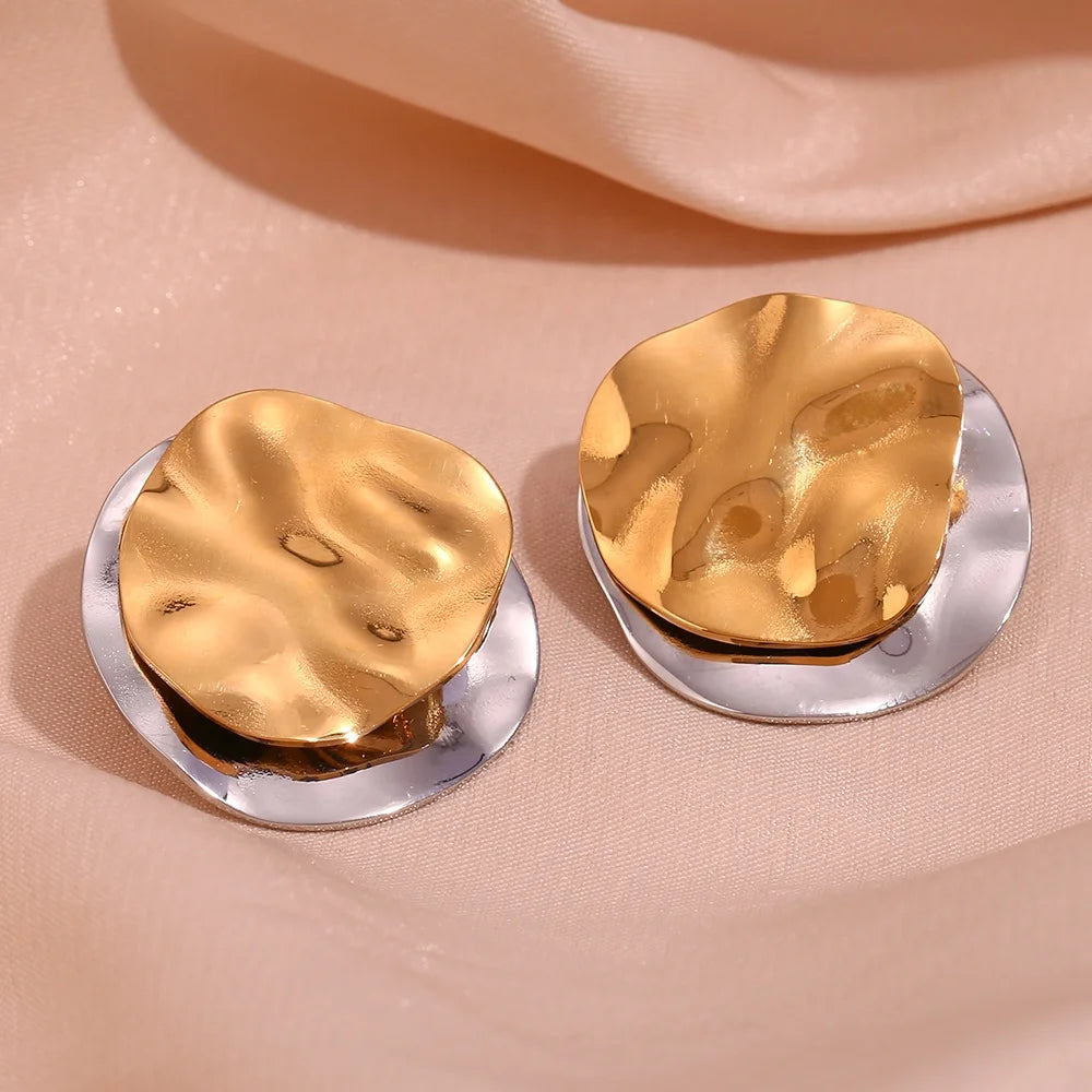 Dreamshow Jewelry Earring Double Layer Hammered Stud Earring PVD Gold Plated Stainless Steel Earring Women Jewelry