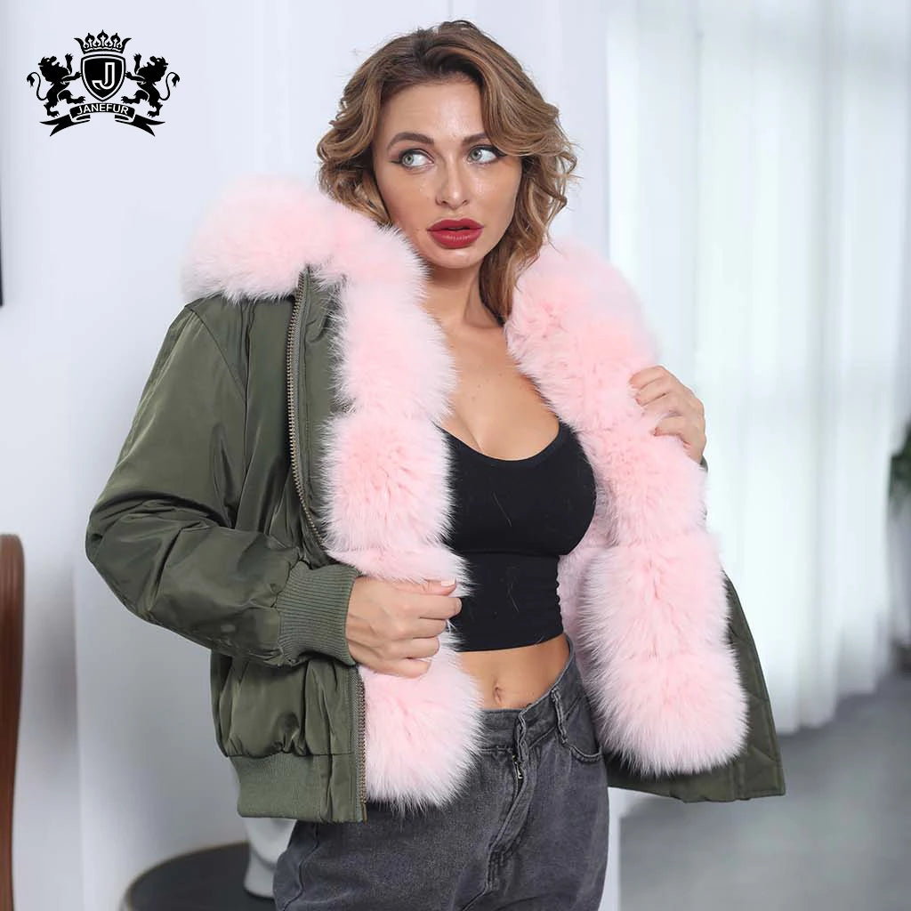 Janefur Fashionable Women Real Fox Fur Coat  Faux Fur Lining Hooded Parkas Large Fox Collar