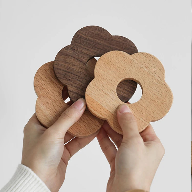 Flower Design Wood Coasters for Drinks Non-Slip Pad Cup Coasters with Holder Set of 4 Walnut Wood Coasters for Coffee Table Desk
