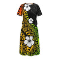 Pacific Island Hawaii Design Women Spring Summer Fall Round Neck Hide Belly Knee Casual Short Sleeve Printed Dress with Pockets