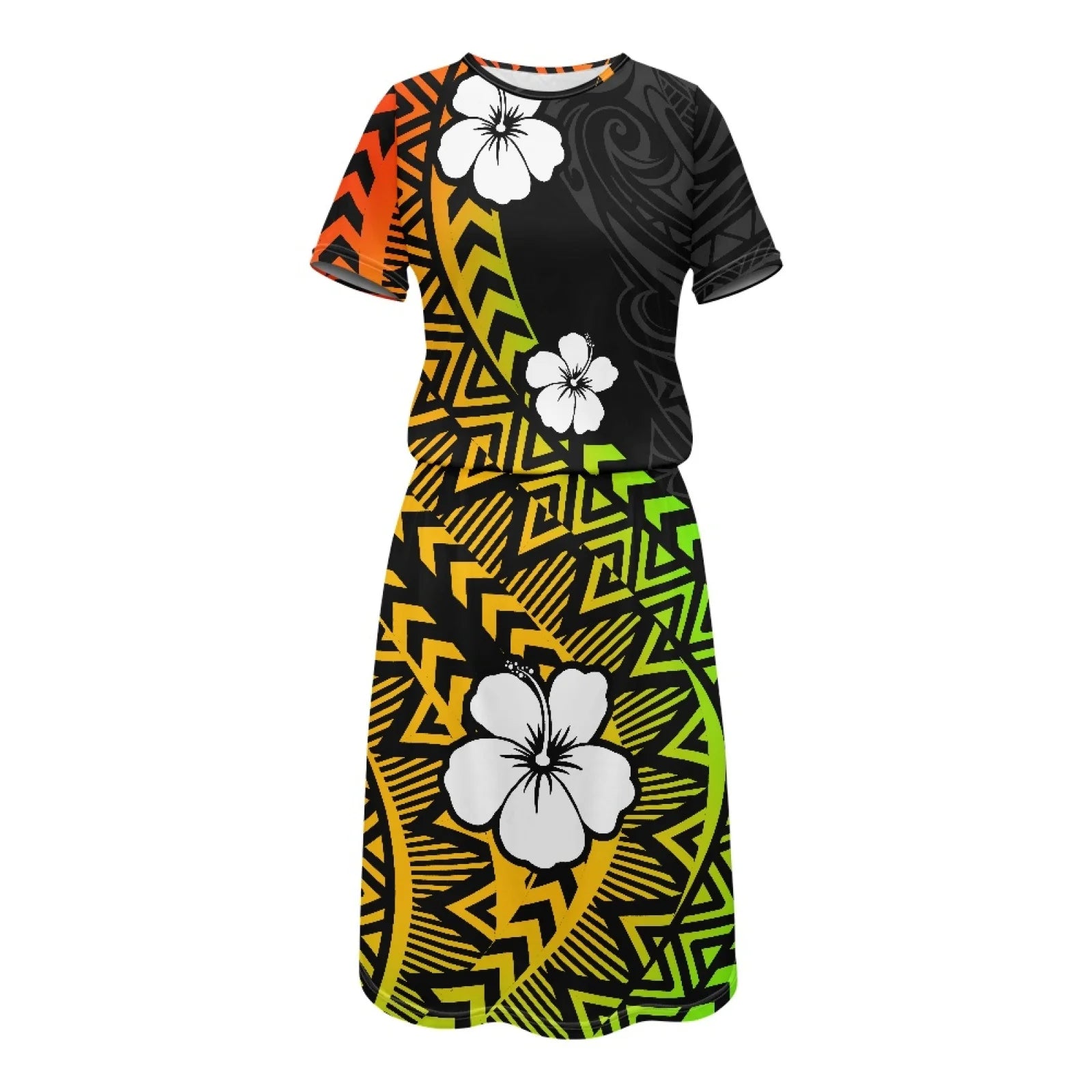 Pacific Island Hawaii Design Women Spring Summer Fall Round Neck Hide Belly Knee Casual Short Sleeve Printed Dress with Pockets