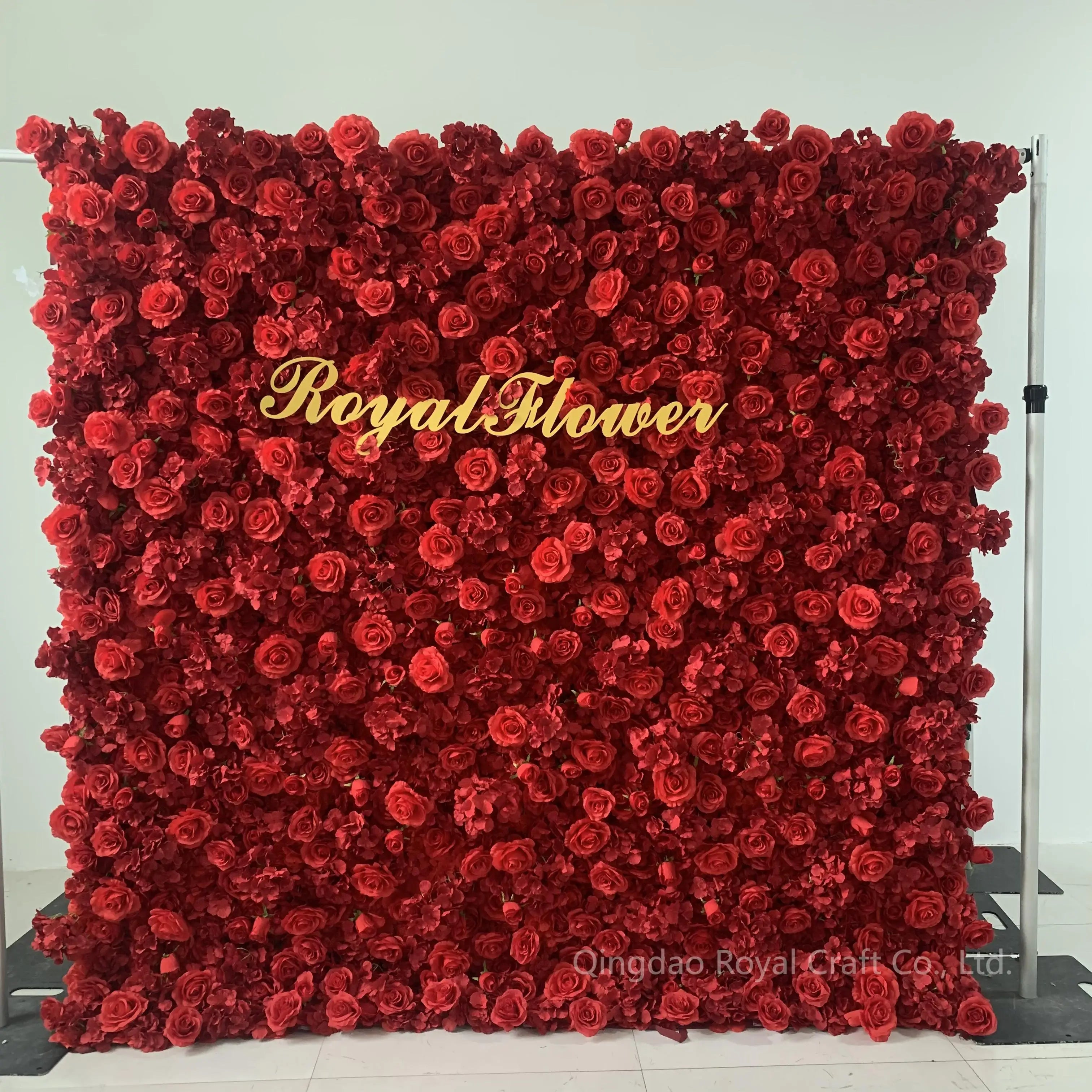 Silk 3d Artificial Flower Wall for Wedding Decoration Cloth Back Roll up Red Rose Flower Wall