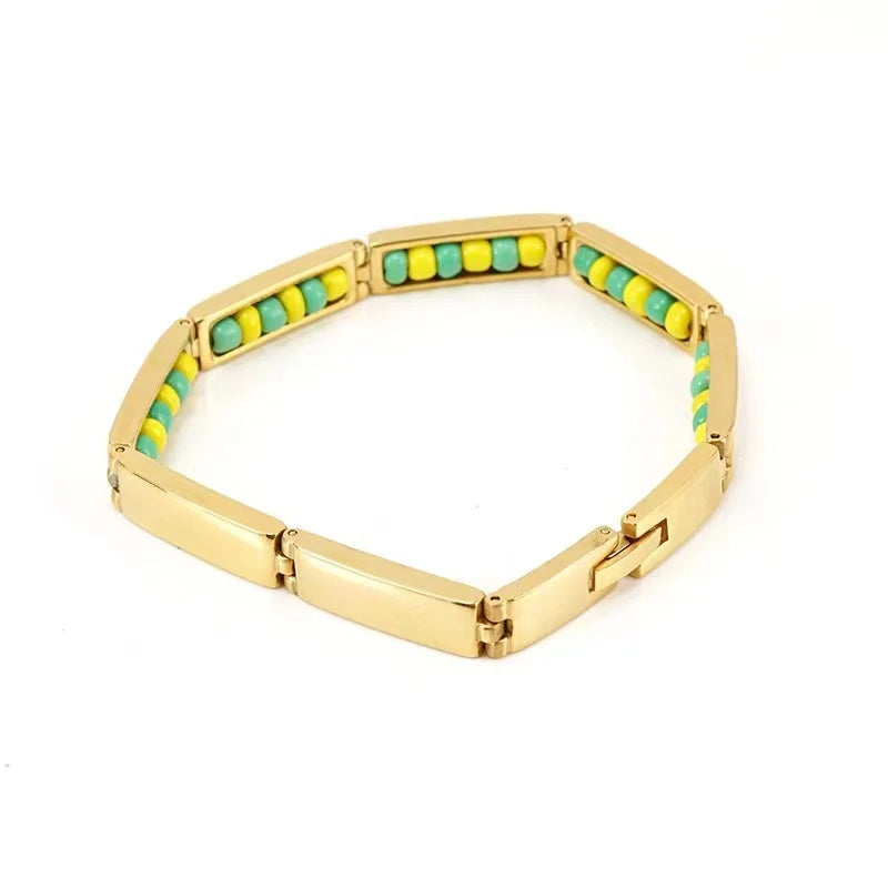 Unisex 18K Gold Plated Stainless Steel Sacred Link Wristband Bracelet Colorful Beads Africa India Power Santeria Bracelet