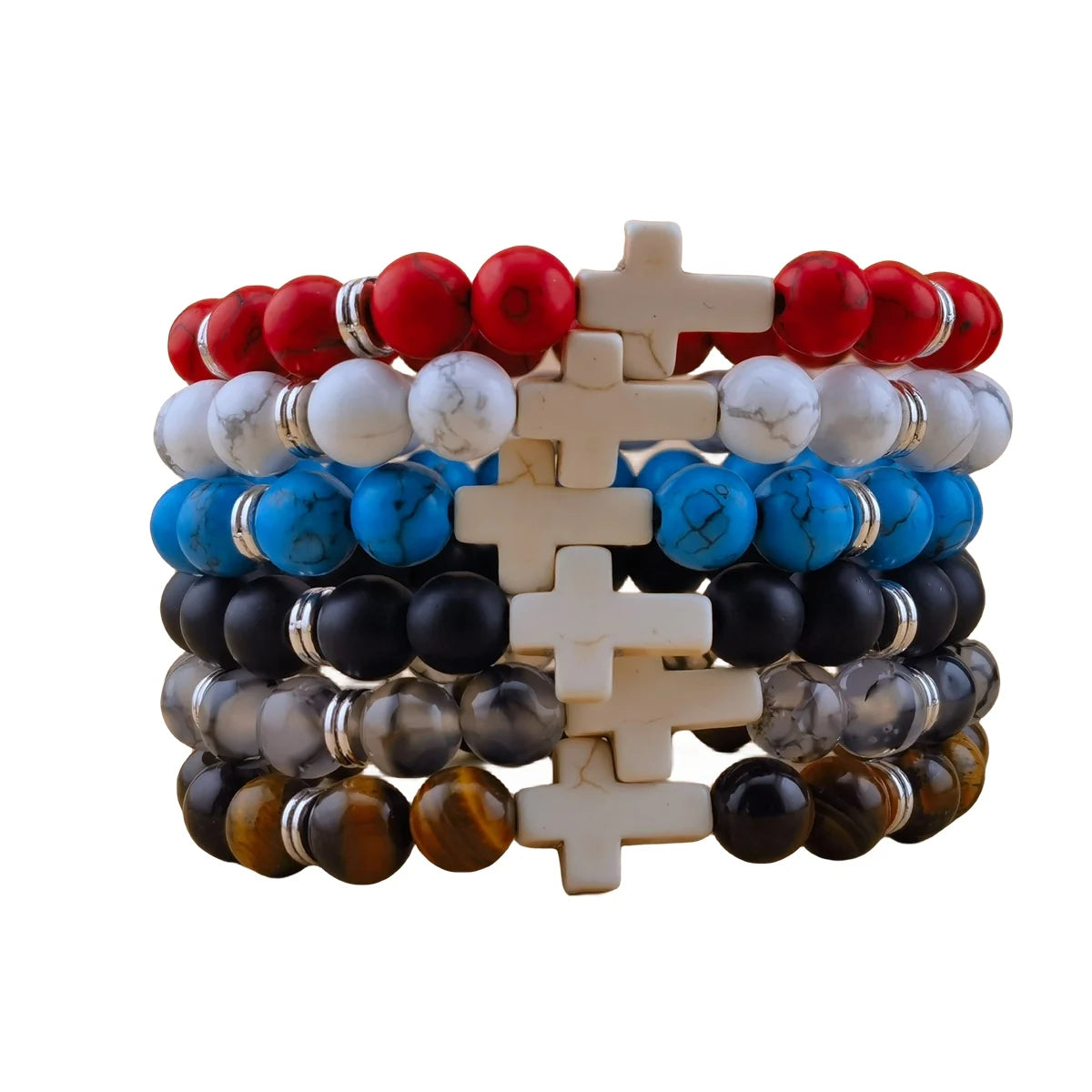 Classic Handmade Fancy Jasper Gemstone Stretch Cross Beaded Bracelet for Men Christian 8mm Natural Stone Beaded Cross Bracelet