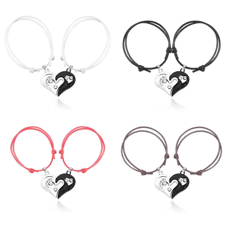1 Pair/2pcs Puzzle Heart Shaped Magnetic Couple Bracelet Diamond Heart-shaped Puzzle Couple Pendant Bracelet Bangle