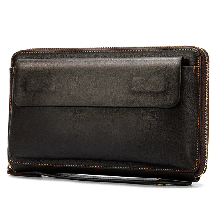 Men's Soft Leather Large Capacity Clutch Bag Business Long Leather Wallet Purses