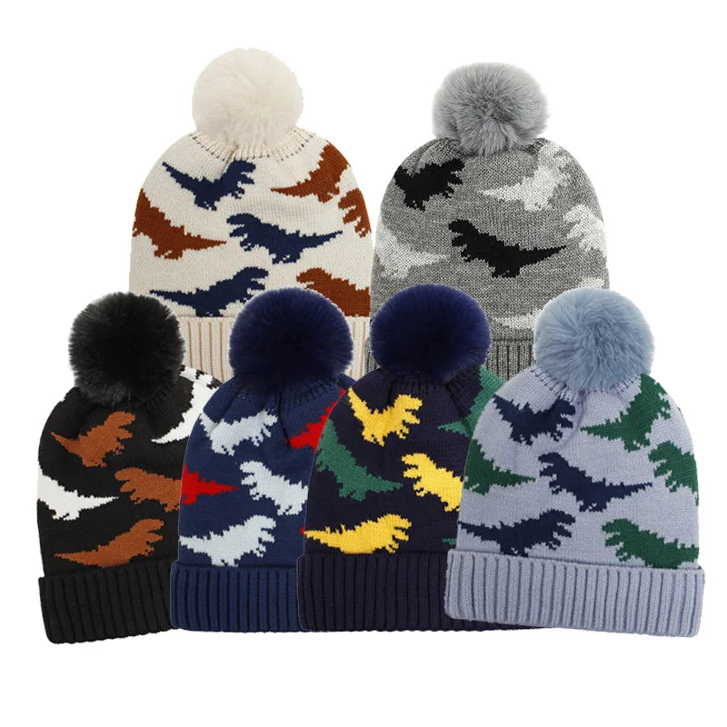 Little Boys Knitted Dinosaur Jacquard Bobble Beanie Children Hat With Pom Pom