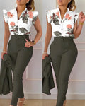 Elegant Sleeveless Shirt Pants Set Office Lady Fashion V Neck Floral Print Ruffles Trousers 2 Piece Set Women Outfit