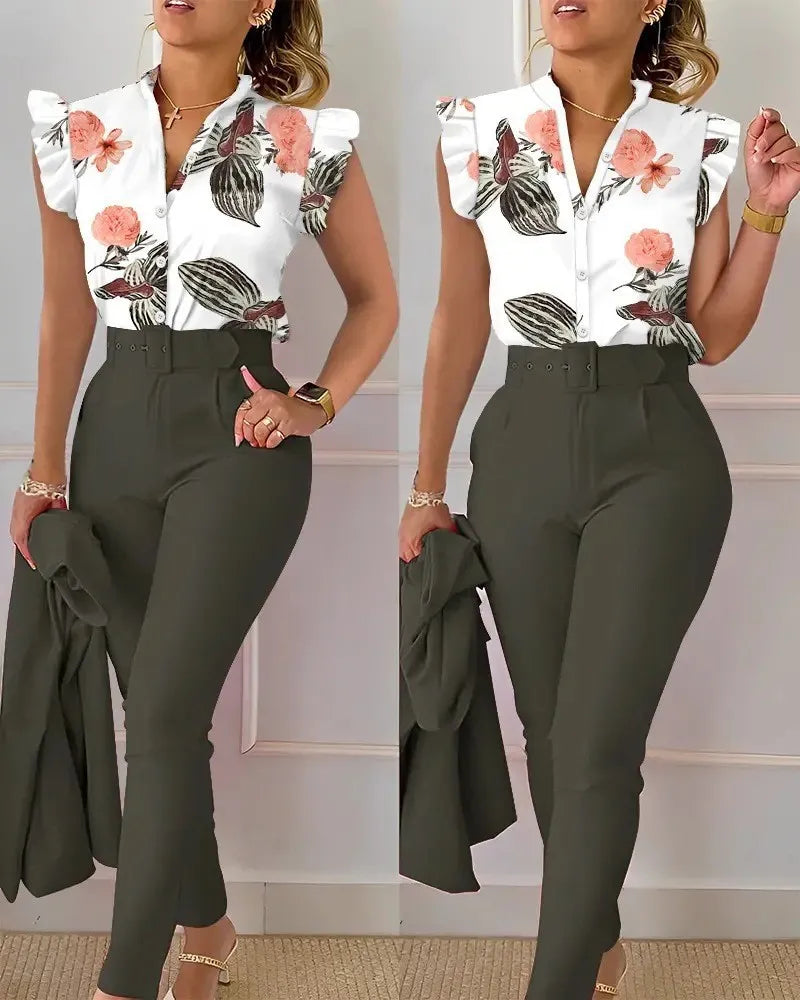 Elegant Sleeveless Shirt Pants Set Office Lady Fashion V Neck Floral Print Ruffles Trousers 2 Piece Set Women Outfit