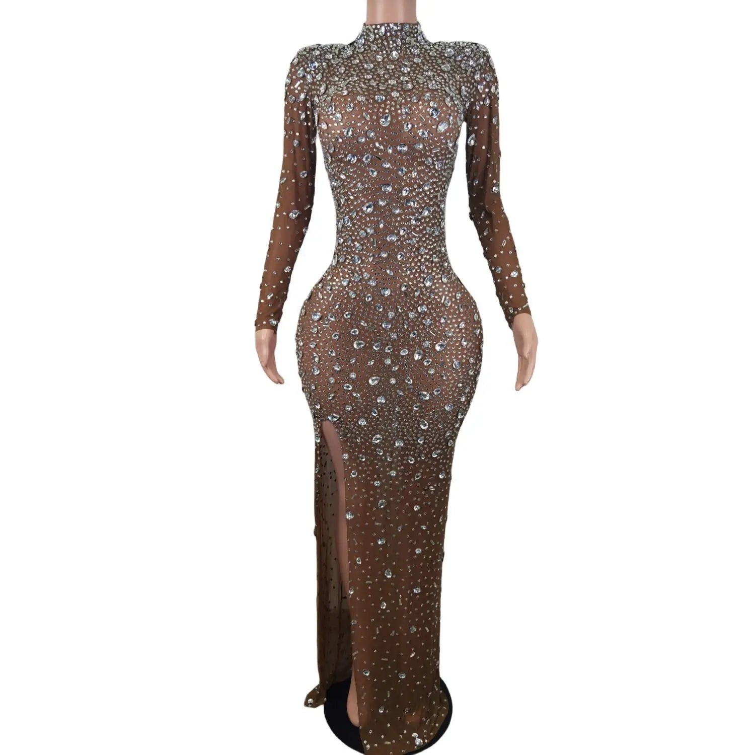 Sparkly Long Sleeves Crystal Wedding Party Celebration Long Dress Female Clothes Banquet Evening Dress Women Club Party Dress