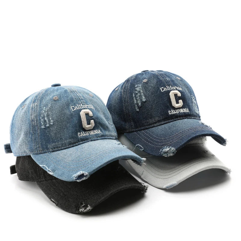 Wholesale Fashion Embroidered Denim Dad Hat Distressed Jeans Adjustable Baseball Cap for Women Men