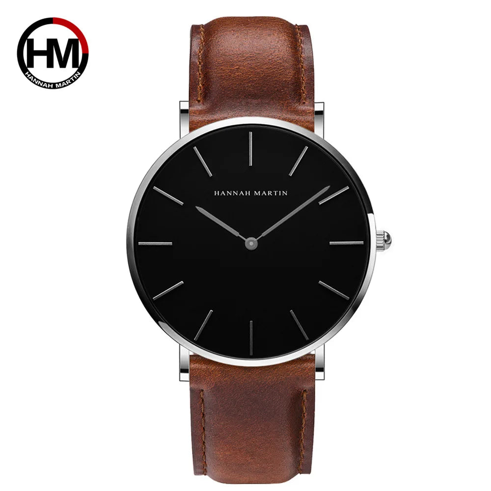 Hannah Martin CH02 Quartz Wristwatch for Men Simple Business Fashion Waterproof Alloy 20mm Leather Top Gift for Men