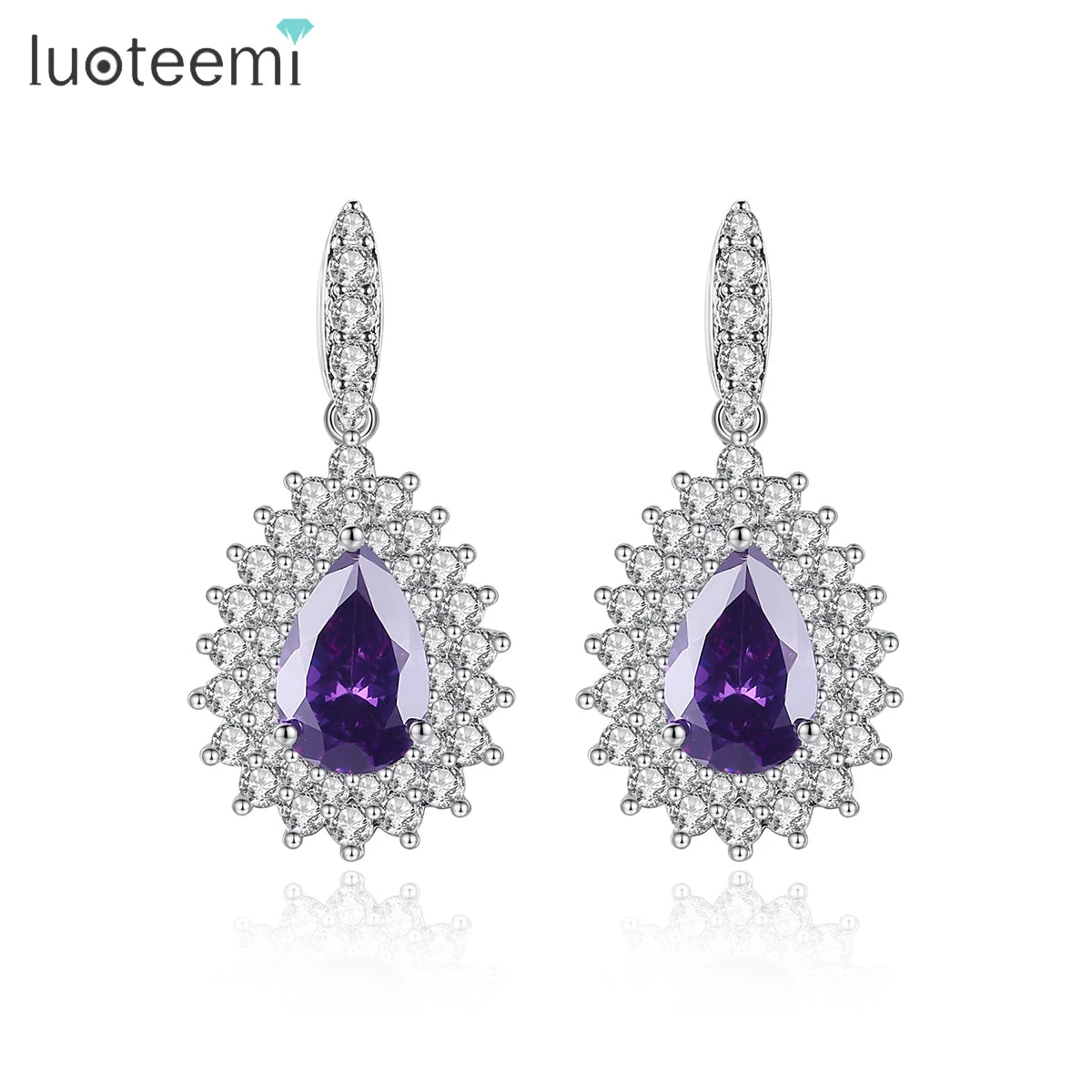 LUOTEEMI Rhinestone Teardrop Earring Brass Zircon Paved Lady Wedding Bridal Teardrop Dangle Cubic Zirconia Jewelry Earrings