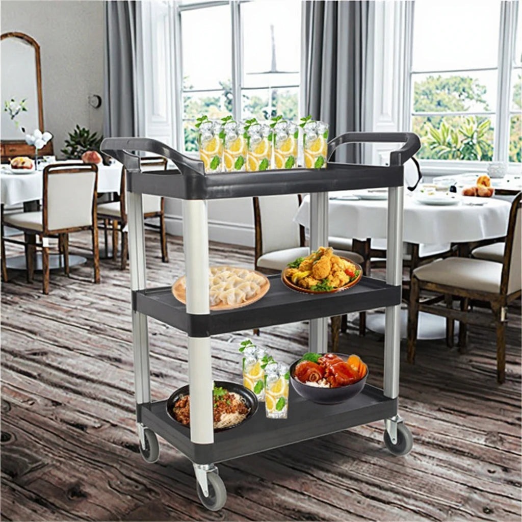 Factory Prices Hotel Restaurant Kitchen Equipment 3 Tier Plastic pp 3mm Thick Service Cart Food Serving Trolley Black 50-70kg